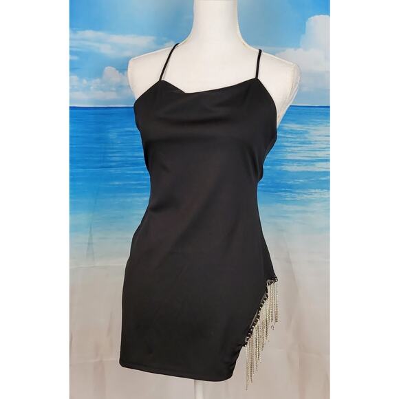 Woman's BLACK SEXY Club Party Dress Faux DIAMOND FRINGE Back Zip STRETCH size Sm - Picture 3 of 12